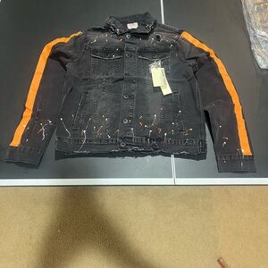 Men's Black Denim Jacket with Orange Accents